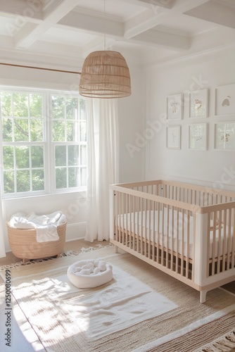 Stylish minimalist nursery room design featuring a modern crib and natural light for a warm and inviting feel : Generative AI
