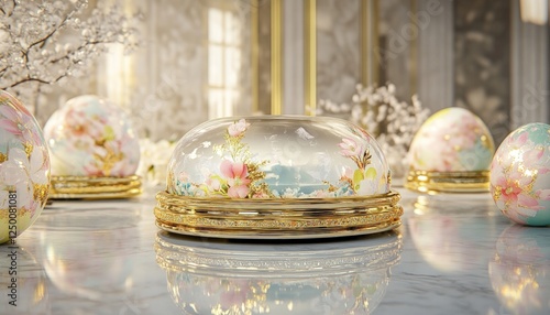 Elegant easter eggs with floral designs displayed on marble surface photo