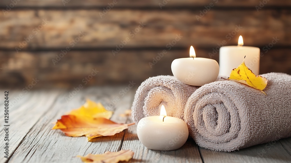 Relaxing Spa Setup with Candles and Soft Towels Surrounded by Autumn Leaves : Generative AI Relaxing Spa Setup with Candles and Soft Towels Surrounded by Autumn Leaves : Generative AI
