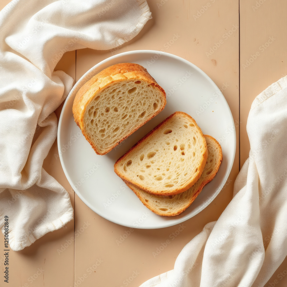 Obraz premium High-quality stock photo of sliced bread on a white plate, placed on a wooden table with a beige background, ideal for food blogs, ads, and recipes.