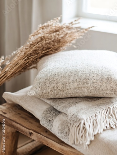 Stylish home decor featuring soft pillows and dried flowers on a wooden bench : Generative AI