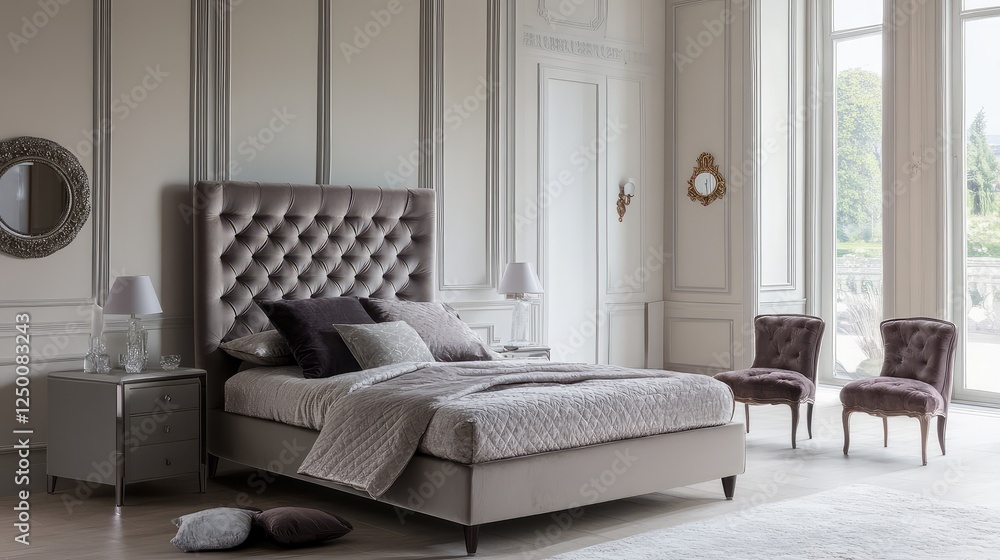 Fototapeta premium A contemporary American-style bed with soft, elegant bedding and a simple headboard, set in a spacious room with light-colored walls and open space.
