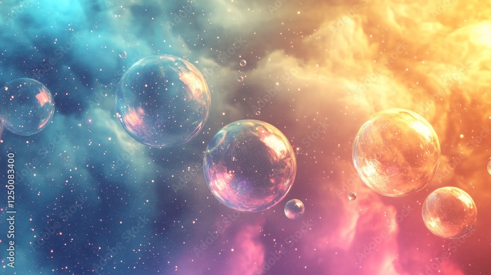 Fototapeta premium Colorful Space with Bubbles Floating Through Dreamy Clouds