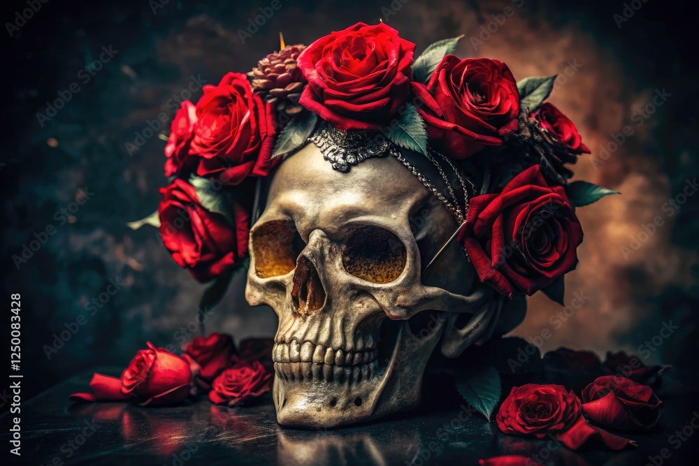 Naklejka premium Dark romanticism blooms: skull roses and gothic elegance intertwine in this editorial fashion shoot.