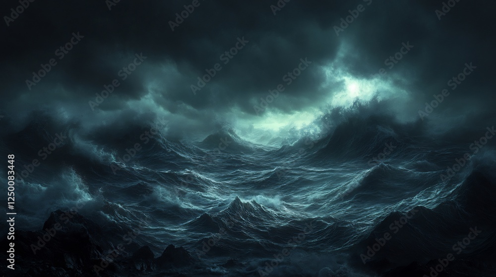 Dark Moody Seascape Dramatic Lighting Intense Waves. AI Generated Dark Moody Seascape Dramatic Lighting Intense Waves. AI Generated