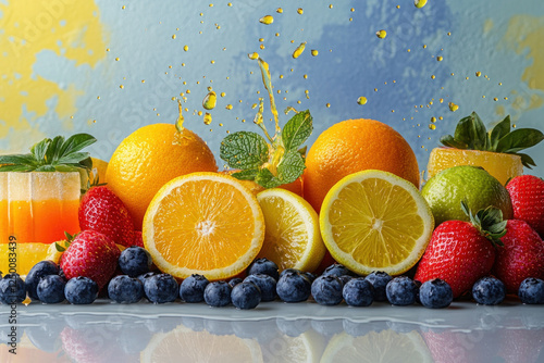 Oranges, strawberries, and blueberries scattered on a surface with splashes of water.