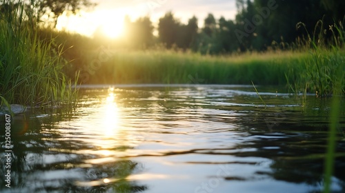 Serene river reflecting sunlight during sunrise surrounded by lush greenery : Generative AI