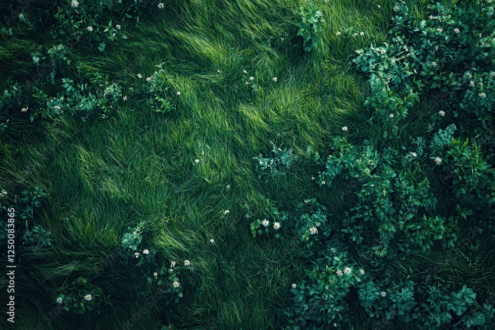 Lush green field with wildflowers, top view. Lush green field with wildflowers, top view.