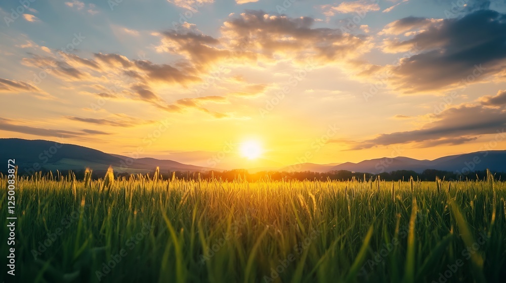 Fototapeta premium Breathtaking Sunset Over Wheat Fields with Golden Sunlight Sky View : Generative AI