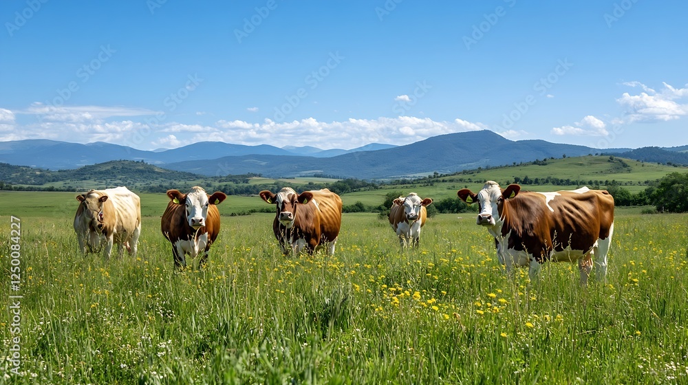 Group of Brown and White Cows Grazing in a Green Meadow with Blue Sky : Generative AI Group of Brown and White Cows Grazing in a Green Meadow with Blue Sky : Generative AI