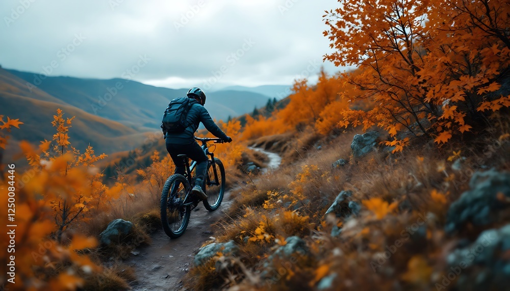 Fototapeta premium Mountain Biker on Autumn Trail: Serene Fall Cycling Scene