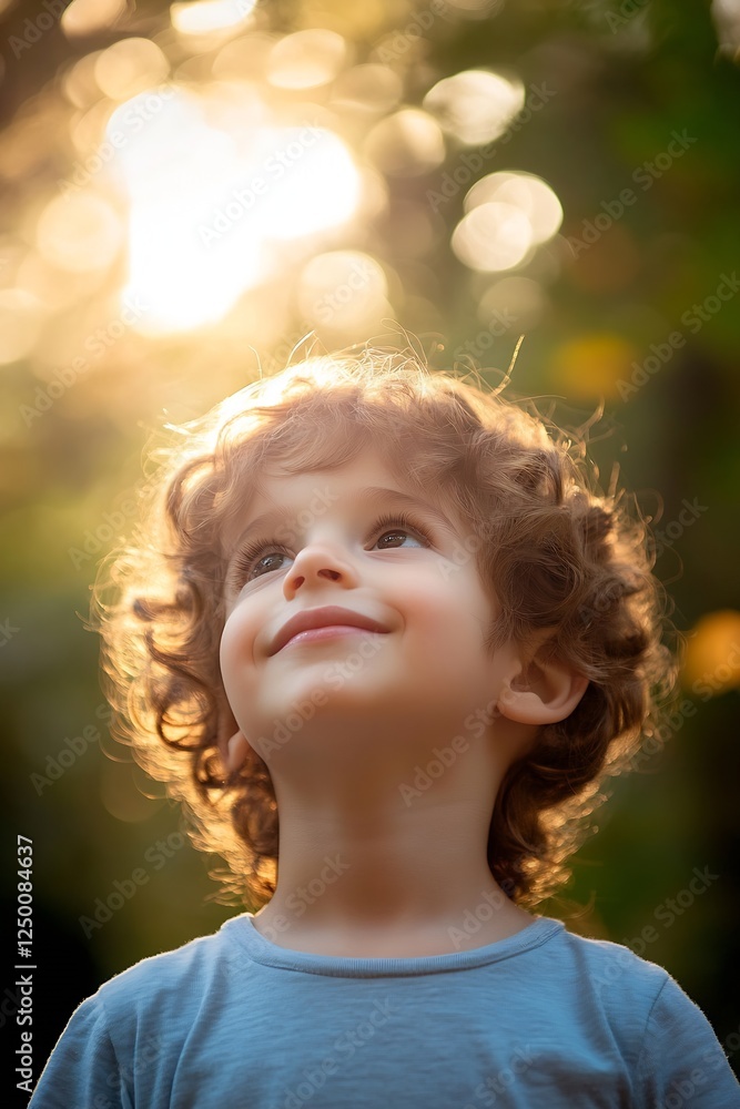 Joyful Child Looking Up at the Sun with Curly Hair Surrounded by Nature : Generative AI Joyful Child Looking Up at the Sun with Curly Hair Surrounded by Nature : Generative AI