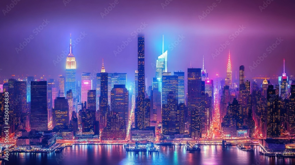 Fototapeta premium A vibrant city skyline illuminated at night, showcasing tall buildings and colorful lights.