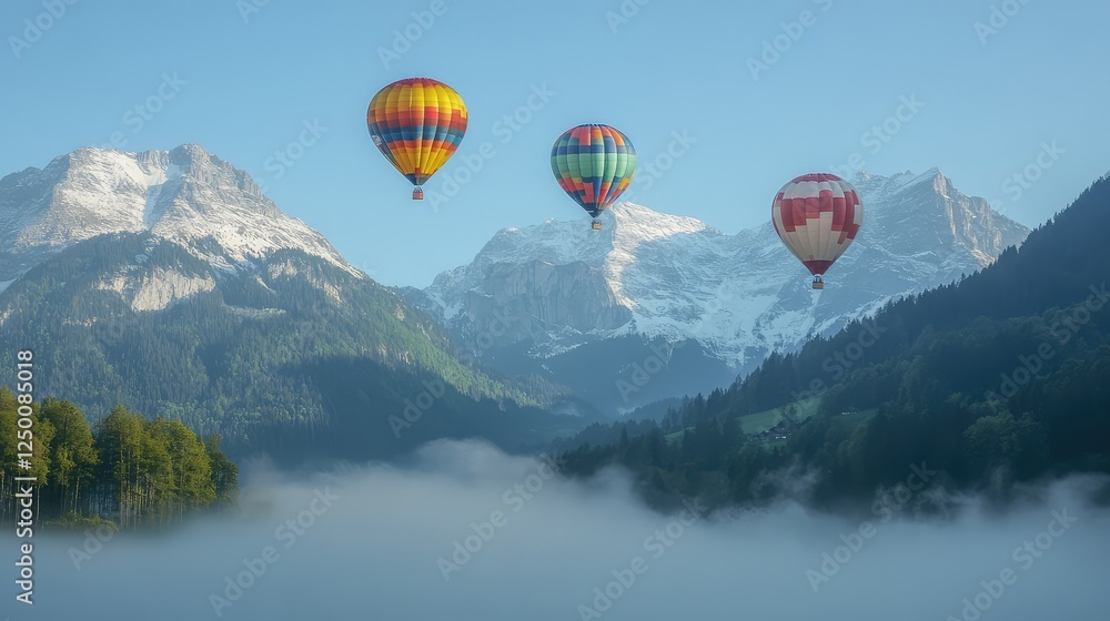 Naklejka premium A foggy morning with balloons rising above mist-covered mountains, soft sky for copy space.