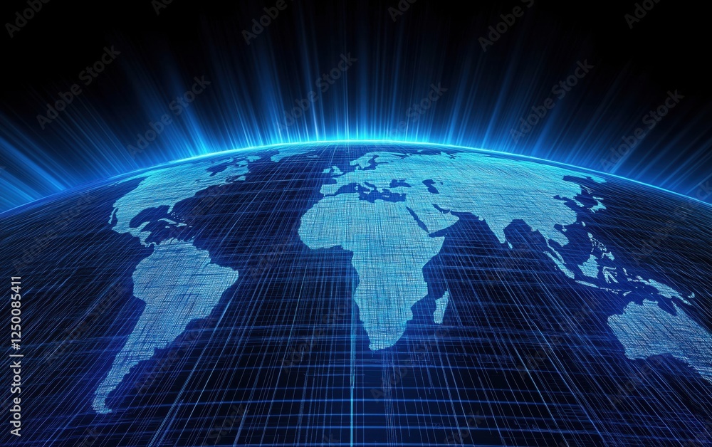 A stunning digital illustration of Earth showcasing a blue grid and light rays, symbolizing technology and global connectivity. A stunning digital illustration of Earth showcasing a blue grid and light rays, symbolizing technology and global connectivity.