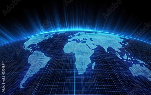 A stunning digital illustration of Earth showcasing a blue grid and light rays, symbolizing technology and global connectivity.