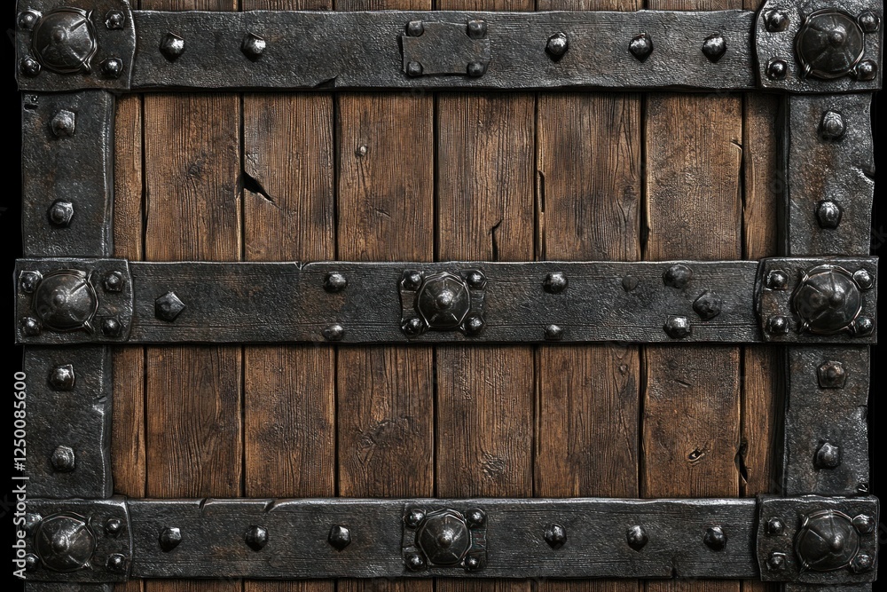 Fototapeta premium Ancient Wooden Door with Metal Frame and Decorative Studs