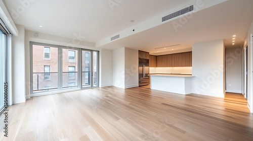 Spacious and bright empty living room showcasing modern architecture with wooden flooring and minimalist design : Generative AI photo