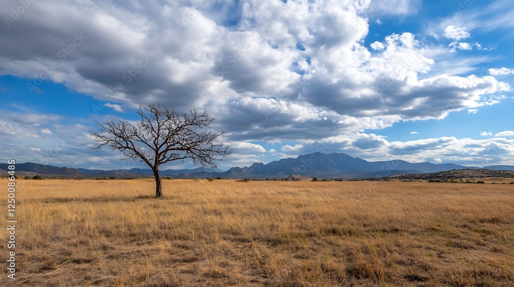 Stunning Lone Tree in Golden Grassland Against Dramatic Blue Sky and Majestic Mountains : Generative AI Stunning Lone Tree in Golden Grassland Against Dramatic Blue Sky and Majestic Mountains : Generative AI