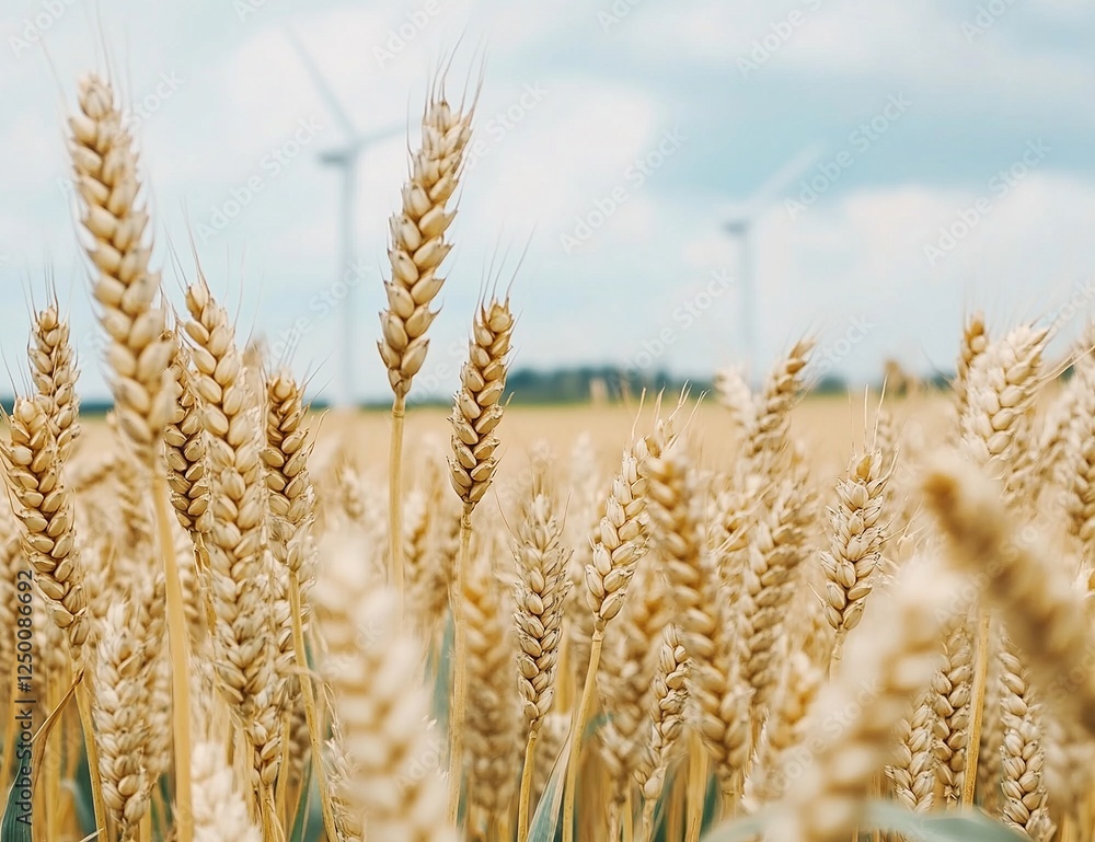 Golden Wheat Field Harvested Under Blue Sky with Wind Turbines Golden Wheat Field Harvested Under Blue Sky with Wind Turbines