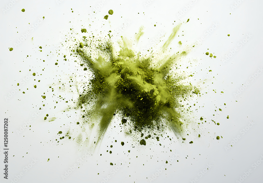 green powder explosion, white background, top view, photorealistic, hyperrealism, Octane render green powder explosion, white background, top view, photorealistic, hyperrealism, Octane render
