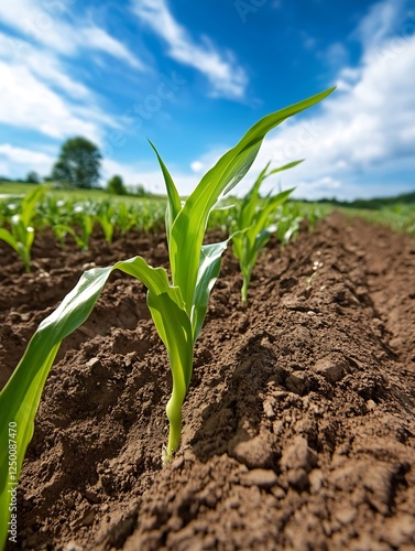 Young Corn Plants Thriving in Rich Soil Under Clear Blue Sky : Generative AI photo