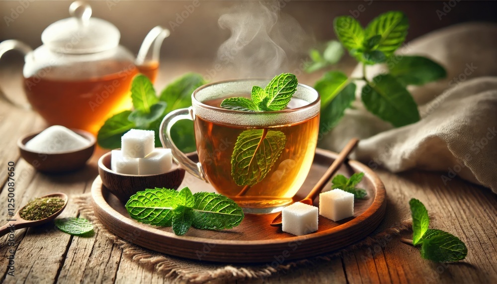 Cup of hot mint tea with fresh leaves, sugar cubes, and cinnamon on a rustic table. Cup of hot mint tea with fresh leaves, sugar cubes, and cinnamon on a rustic table.