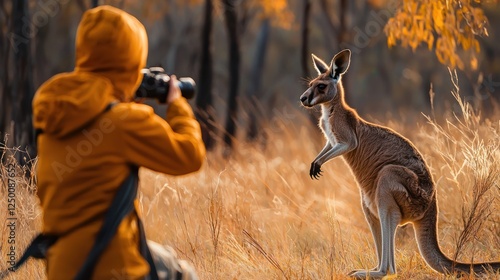 Wildlife photographer capturing a kangaroo in motion. photo