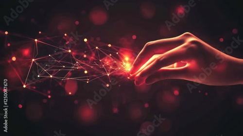 Hand gently holding glowing red digital network.