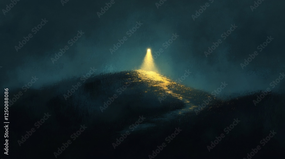 Fototapeta premium Golden light illuminates path up misty hilltop at night. AI Generated