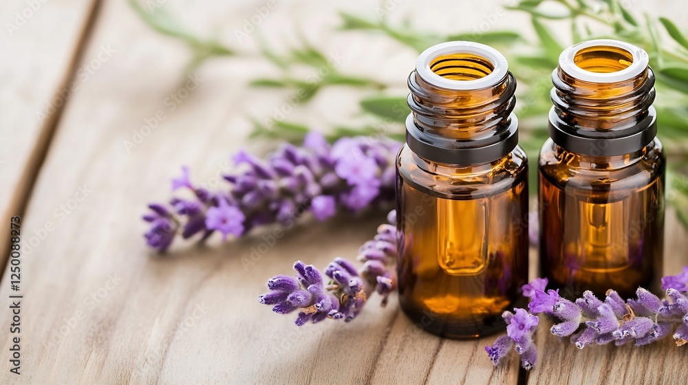 Lavender Essential Oil Bottles on Wooden Table Surrounded by Fresh Lavender Flowers : Generative AI Lavender Essential Oil Bottles on Wooden Table Surrounded by Fresh Lavender Flowers : Generative AI