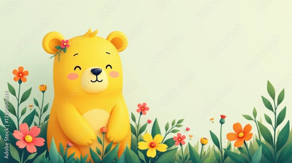 Fototapeta premium A cheerful yellow bear amidst a vibrant spring meadow, surrounded by blooming flowers and lush green foliage, offering a delightful springtime scene.
