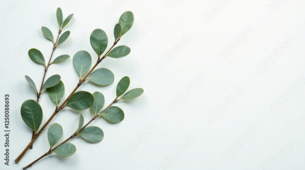 Fototapeta premium Serene Green Branches with Lush Foliage Arranged on a Smooth Surface, Perfect for Minimalist Designs and Nature-Inspired Projects