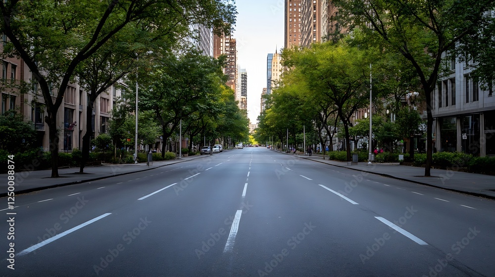 Empty Road Surrounded by Green Trees and Tall Buildings in City : Generative AI Empty Road Surrounded by Green Trees and Tall Buildings in City : Generative AI