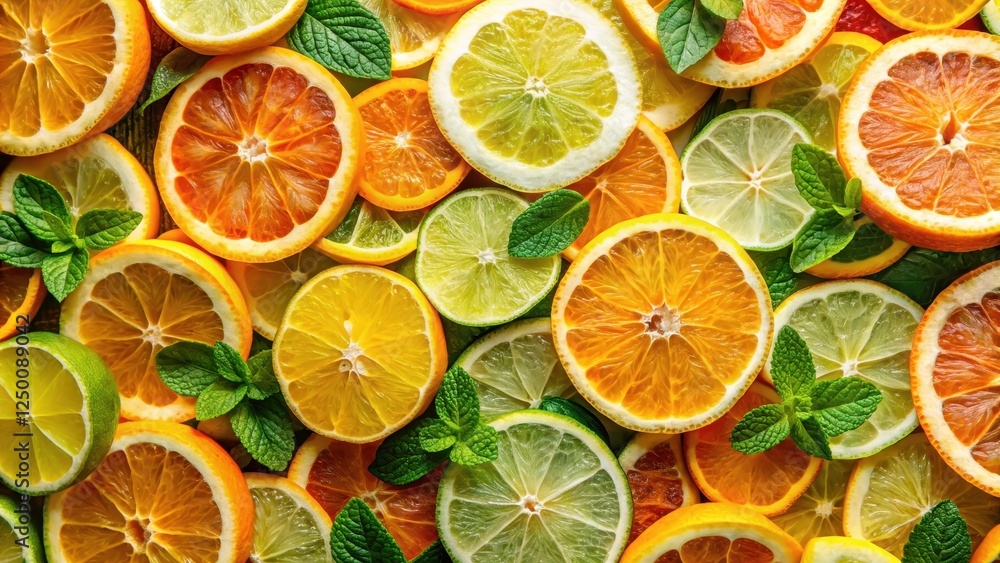 Colorful arrangement of sliced citrus fruits such as oranges and lemons with fresh mint leaves , pattern, spring, pattern Colorful arrangement of sliced citrus fruits such as oranges and lemons with fresh mint leaves , pattern, spring, pattern
