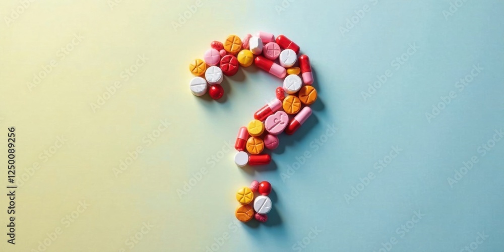 Colorful Medication Tablets Arranged in a Question Mark Shape on a Two-Toned Background Colorful Medication Tablets Arranged in a Question Mark Shape on a Two-Toned Background