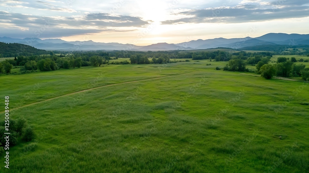 Fototapeta premium Expansive Green Meadow Landscape Under a Dramatic Sky at Dusk : Generative AI