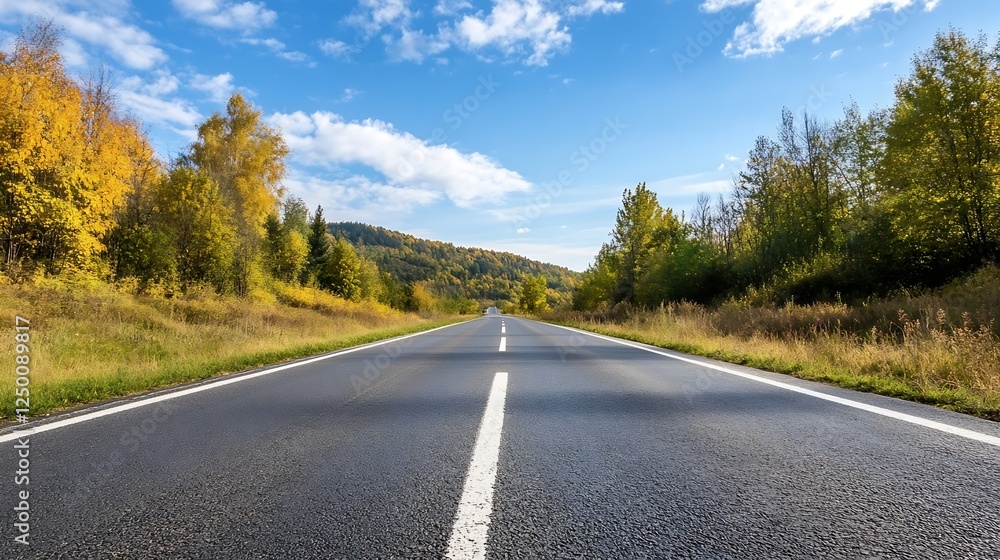 Scenic Road Through Colorful Autumn Trees Under Blue Sky with Clouds : Generative AI Scenic Road Through Colorful Autumn Trees Under Blue Sky with Clouds : Generative AI