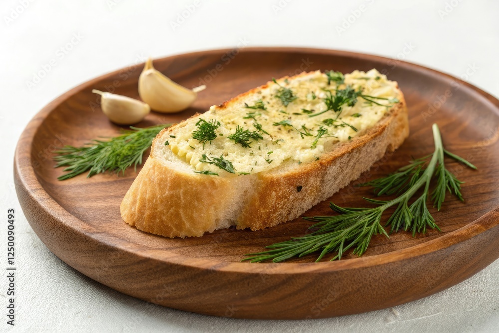 Crunchy bread slice on a wooden plate topped with a pat of golden garlic butter and a sprinkle of fresh dill weed, , snack, fresh dill Crunchy bread slice on a wooden plate topped with a pat of golden garlic butter and a sprinkle of fresh dill weed, , snack, fresh dill