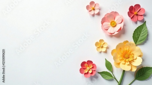 Delicate Paper Flowers Arranged on a White Background, Creating a Serene and Elegant Floral Composition with Soft Pastel Hues