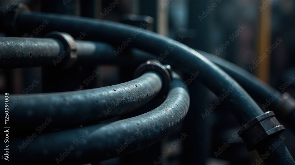 Intricate Network of Industrial Pipes Close-up Detail of Aged Metallic Tubing, Showing Wear and Texture Intricate Network of Industrial Pipes Close-up Detail of Aged Metallic Tubing, Showing Wear and Texture