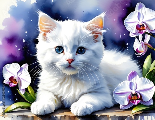 Fluffy white kitten resting among vibrant purple orchids in a serene setting photo