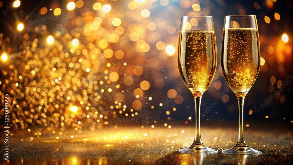 Champagne glasses raised in celebration, sparkling with golden glitter on a vibrant abstract background, luxury party, abstract celebration Champagne glasses raised in celebration, sparkling with golden glitter on a vibrant abstract background, luxury party, abstract celebration