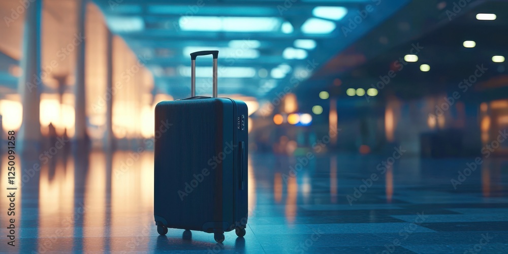 Black suitcase is sitting on the floor in a large airport terminal Black suitcase is sitting on the floor in a large airport terminal