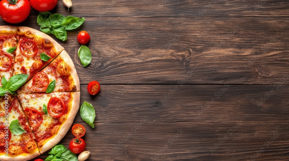 A delicious pizza topped with cheese, pepperoni, and fresh basil, surrounded by ripe tomatoes on a rustic wooden table. A delicious pizza topped with cheese, pepperoni, and fresh basil, surrounded by ripe tomatoes on a rustic wooden table.