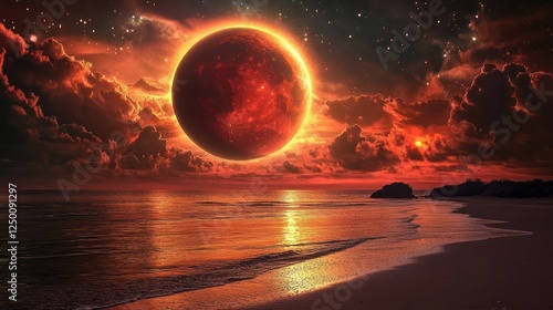 Blood moon eclipse over ocean beach at night, fantasy art photo