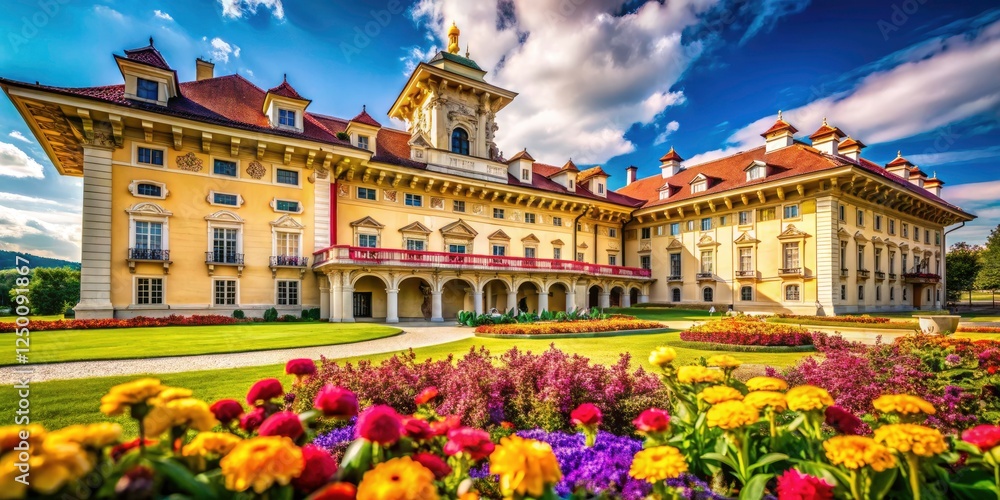 Fototapeta premium Explore Eisenstadt's Esterhazy Palace: macro photography reveals breathtaking floral artistry and intricate architectural details.