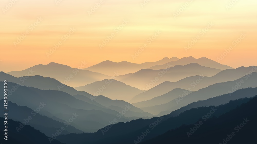 Misty Mountain Ranges at Sunrise Sunset Panorama Misty Mountain Ranges at Sunrise Sunset Panorama