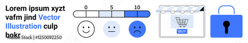 Feedback scale with three faces, online store shopping cart, and lock pad illustrate user experience, security, and e-commerce reliability. Ideal for feedback, shopping, security, rating digital