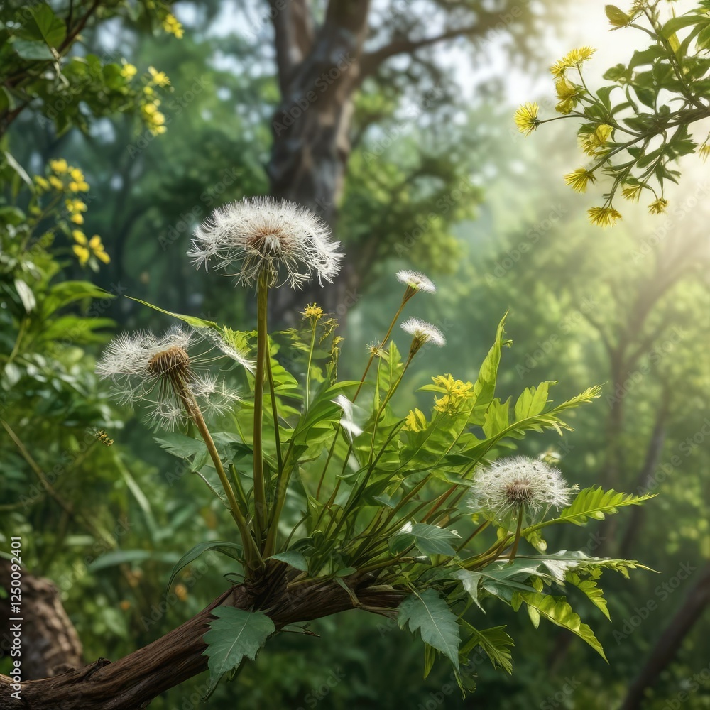 Dandelion blooms on a tree branch amidst foliage, elements, garden Dandelion blooms on a tree branch amidst foliage, elements, garden